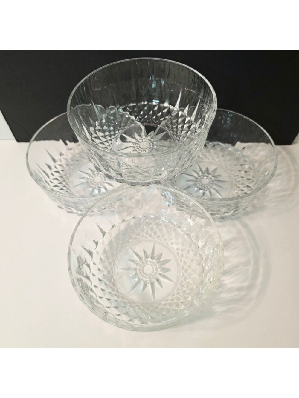 4 Vtg ARCOROC FRANCE 5" Bowls Starburst Diamond Pattern Clear Glass